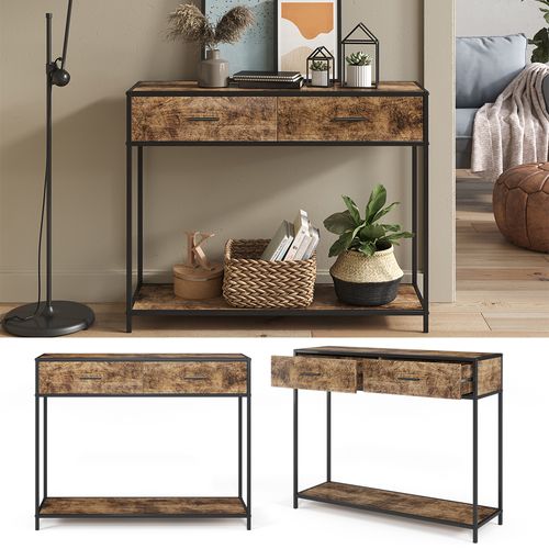 Table Console Fyrk 34195 Bois Antique 100x80cm Avec Tiroirs