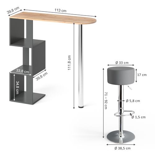 Set De Table De Bar Vincent, Chêne De Force Doré, 113x39.8cm Avec 2 Tabourets De Bar