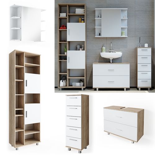 Meubles Bain Ilias 34656 Blanc/sonoma 4 Pièces, Avec Armoire Haute