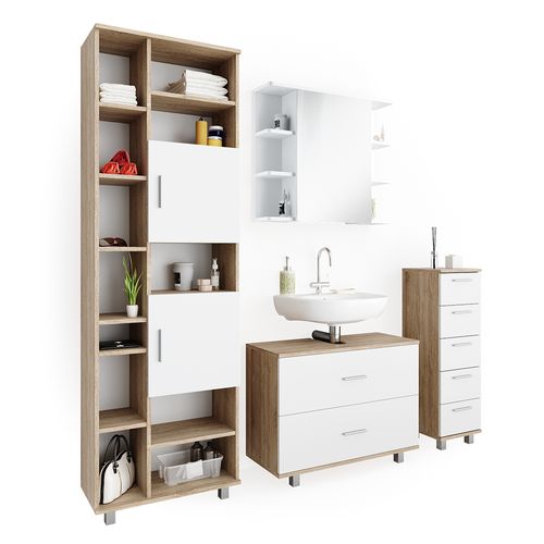 Meubles Bain Ilias 34656 Blanc/sonoma 4 Pièces, Avec Armoire Haute