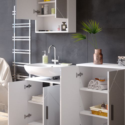 Meubles Bain Irma 34674 Blanc Haute Brillance 3 Pièces, Avec Armoire Basse 60 Cm