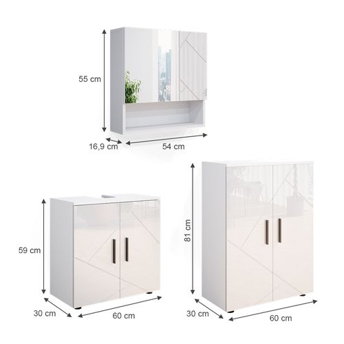 Meubles Bain Irma 34674 Blanc Haute Brillance 3 Pièces, Avec Armoire Basse 60 Cm