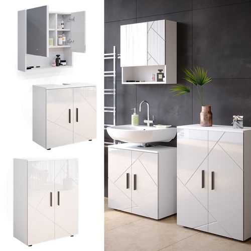 Meubles Bain Irma 34674 Blanc Haute Brillance 3 Pièces, Avec Armoire Basse 60 Cm