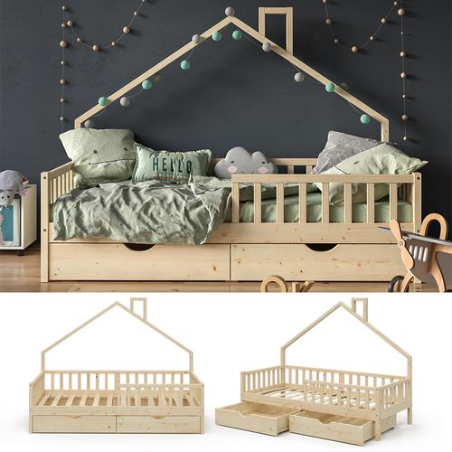 Lit Cabane Noemi 34698 Naturel Bois 90x200 Cm Avec 2 Tiroirs