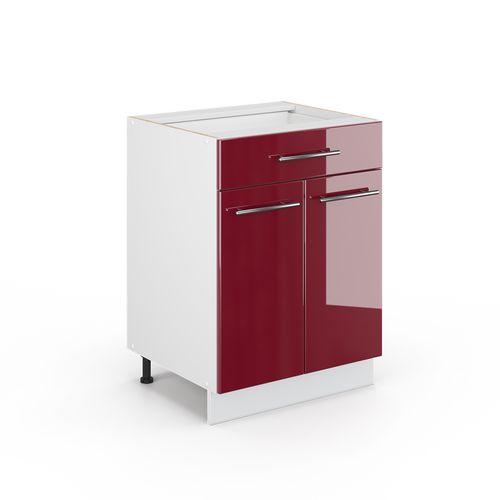 Meuble Cuisine Fame-line, Rouge Bordeaux Haute Brillance, 60cm Avec Tiroir