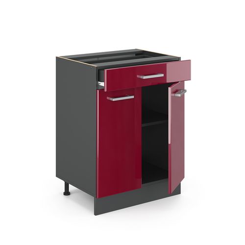 Meuble Cuisine R-line, Rouge Bordeaux Haute Brillance, 60cm Avec Tiroir