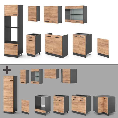 Cuisine R-line 34937 Chêne Doré/anthracite 300cm Avec Armoire Haute, Sans Pt