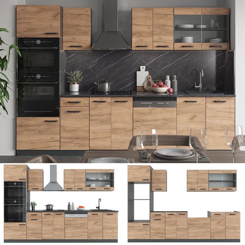 Cuisine R-line 34937 Chêne Doré/anthracite 300cm Avec Armoire Haute, Sans Pt