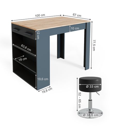 Ensemble De Table à Manger Repose 34953 Anthracite/chêne Doré 67x100cm Avec 2 Tabourets