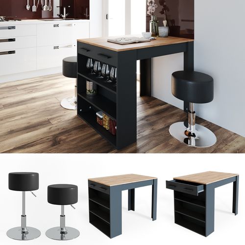 Ensemble De Table à Manger Repose 34953 Anthracite/chêne Doré 67x100cm Avec 2 Tabourets