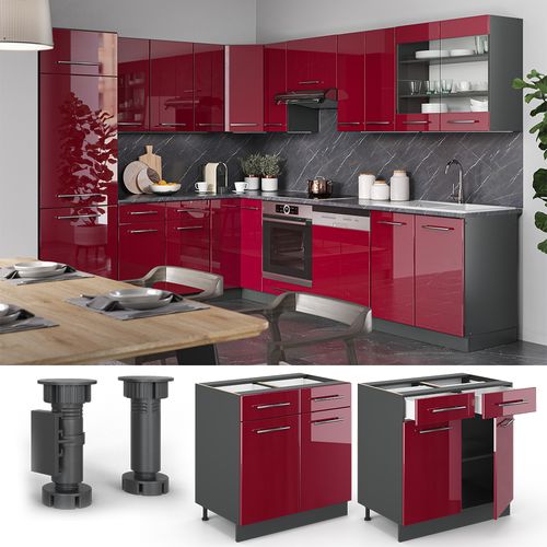 Meuble Cuisine Fame-line 35557 Rouge Bordeaux Haute Brillance 80cm Sans Pt