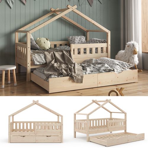 Lit Cabane Design 35964 Naturel Bois 80x160 Cm Avec Lit Dappoint