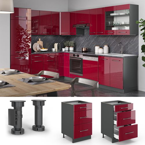 Meuble Cuisine Fame-line, Rouge Bordeaux Haute Brillance, 50cm