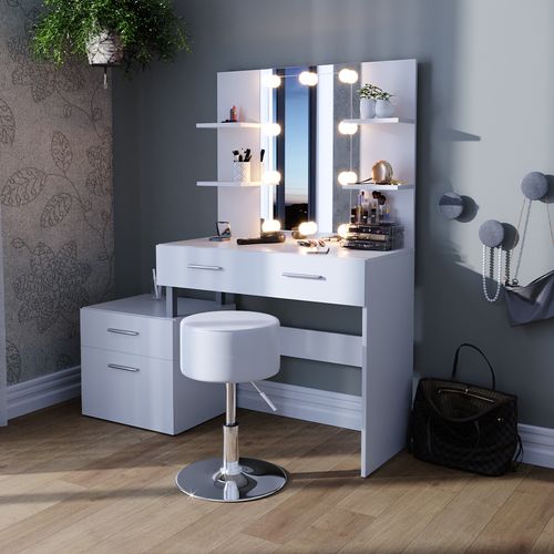 Coiffeuse Maria, Blanc, 132cm Avec Éclairage LED Et Tabouret