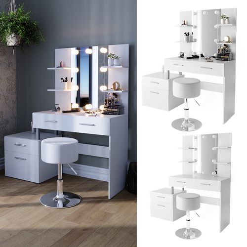 Coiffeuse Maria, Blanc, 132cm Avec Éclairage LED Et Tabouret