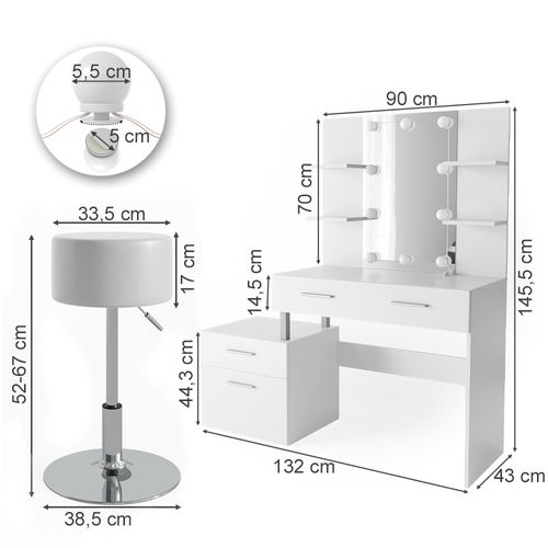 Coiffeuse Maria, Blanc, 132cm Avec Éclairage LED Et Tabouret