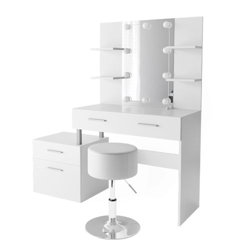 Coiffeuse Maria, Blanc, 132cm Avec Éclairage LED Et Tabouret