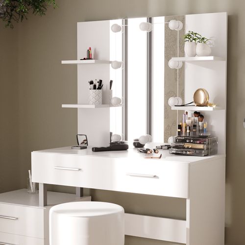 Coiffeuse Maria, Blanc, 132cm Avec Éclairage LED Et Tabouret