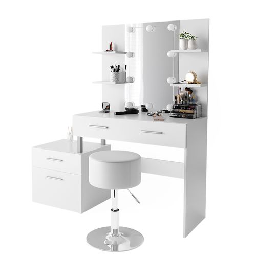 Coiffeuse Maria, Blanc, 132cm Avec Éclairage LED Et Tabouret