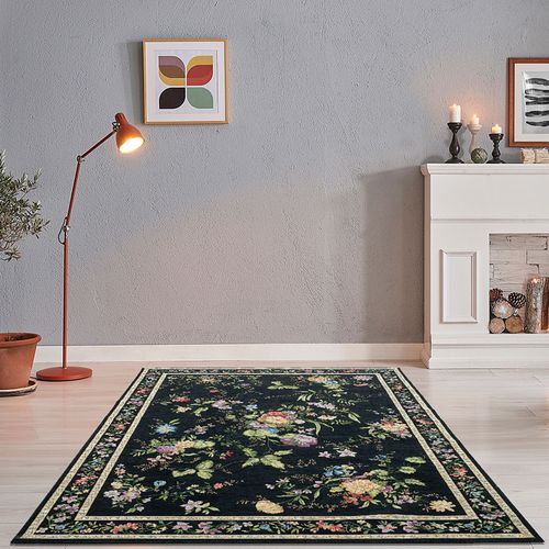 Tapis Floral Tissé Plat Flomi 70x120 Cm - Noir