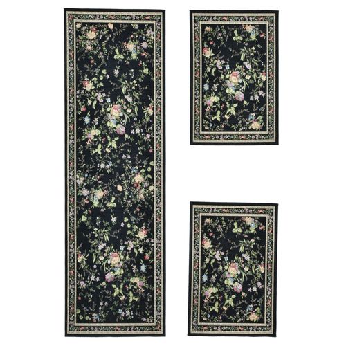 Tapis Floral Tissé Plat Flomi 70x400 Cm - Noir