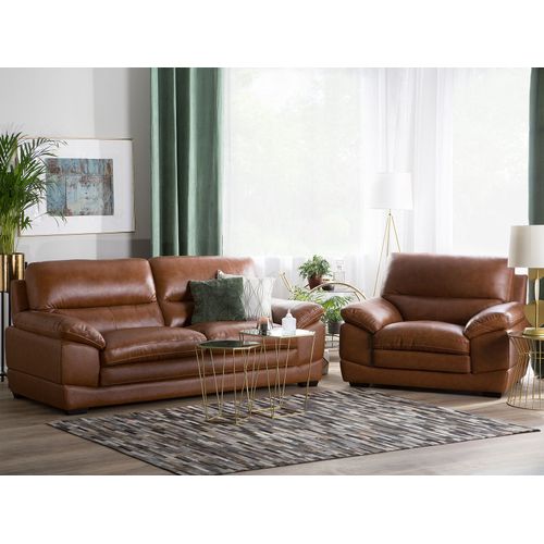 Ensemble Canapé Et Fauteuil En Cuir Marron Doré 4 Places Horten