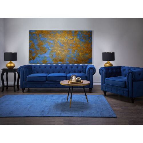 Ensemble Canapé Et Fauteuil En Velours Bleu Cobalt 4 Places Chesterfield