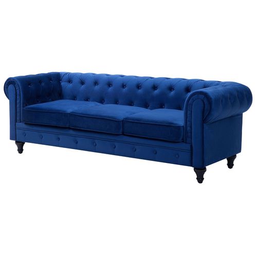 Ensemble Canapé Et Fauteuil En Velours Bleu Cobalt 4 Places Chesterfield