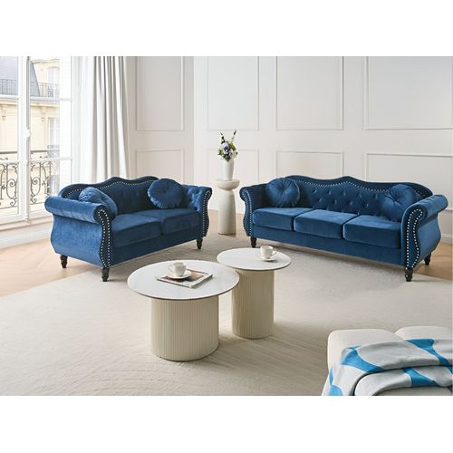 Canapé Chesterfield 2 Places En Velours Bleu Skien