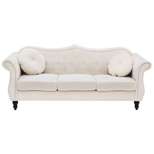Canapé Chesterfield 3 Places En Velours Beige Skien