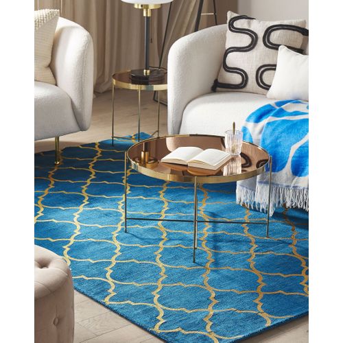 Tapis En Viscose Et Coton Doré Et Bleu Marine Au Motif Marocain Avec Craquelures 140 X 200 Cm Yelki