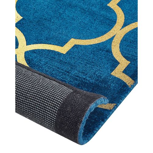 Tapis En Viscose Et Coton Doré Et Bleu Marine Au Motif Marocain Avec Craquelures 160 X 230 Cm Yelki