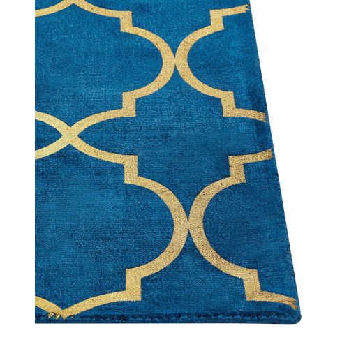 Tapis En Viscose Et Coton Doré Et Bleu Marine Au Motif Marocain Avec Craquelures 160 X 230 Cm Yelki
