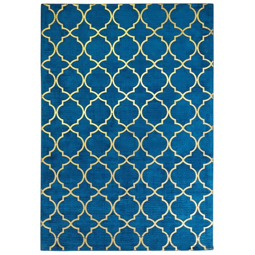 Tapis En Viscose Et Coton Doré Et Bleu Marine Au Motif Marocain Avec Craquelures 160 X 230 Cm Yelki