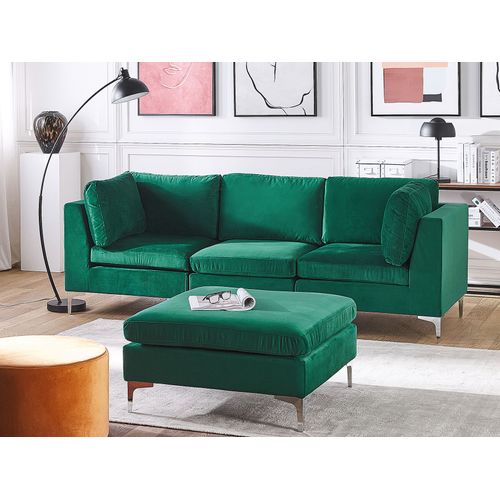 Canapé Modulable 3 Places En Velours Vert Avec Pouf Ottoman Evja