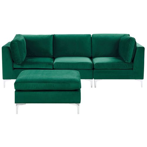 Canapé Modulable 3 Places En Velours Vert Avec Pouf Ottoman Evja