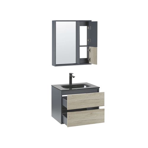 Meuble Vasque Avec Miroir Et Cabinet 60 Cm Bois Clair Et Gris Teruel