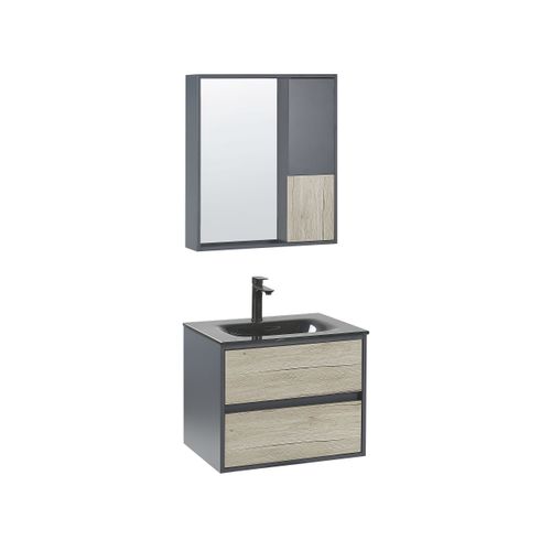 Meuble Vasque Avec Miroir Et Cabinet 60 Cm Bois Clair Et Gris Teruel