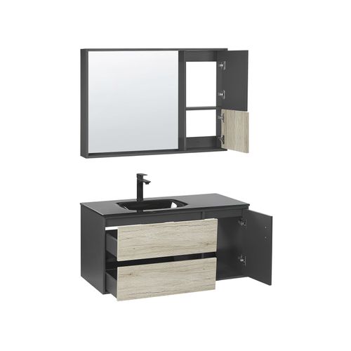 Meuble Vasque Avec Miroir Et Cabinet 100 Cm Bois Clair Et Noir Teruel