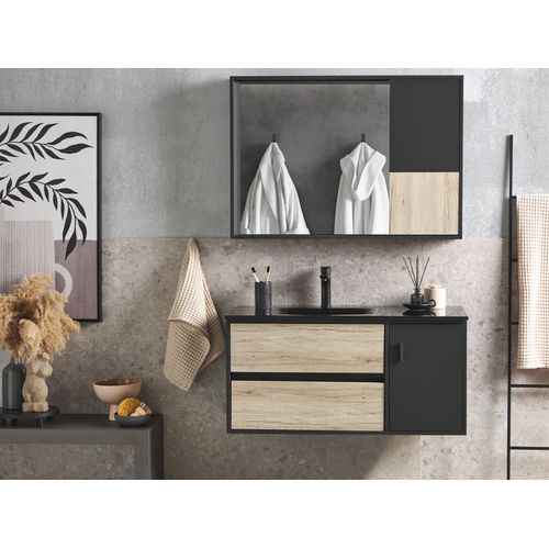 Meuble Vasque Avec Miroir Et Cabinet 100 Cm Bois Clair Et Noir Teruel