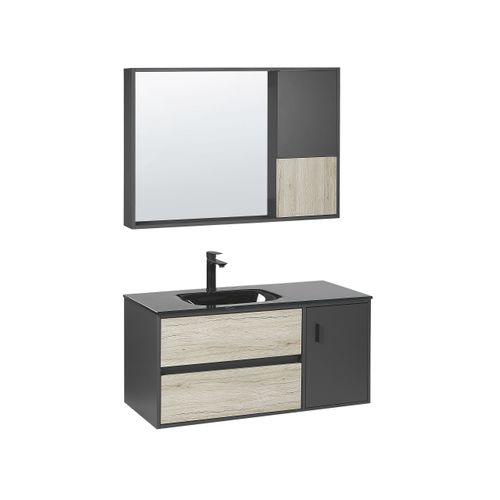 Meuble Vasque Avec Miroir Et Cabinet 100 Cm Bois Clair Et Noir Teruel