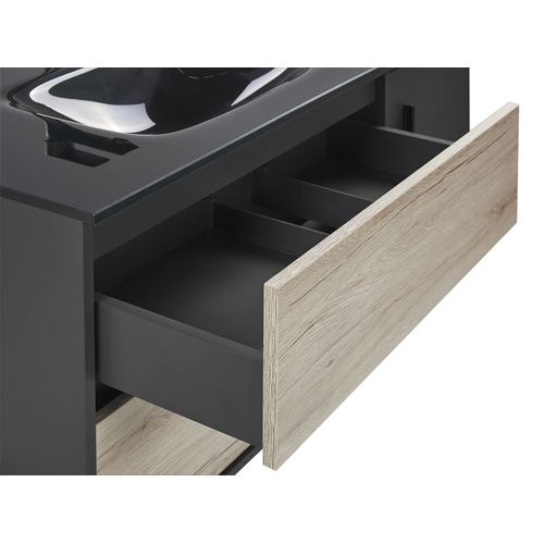 Meuble Vasque Avec Miroir Et Cabinet 100 Cm Bois Clair Et Noir Teruel