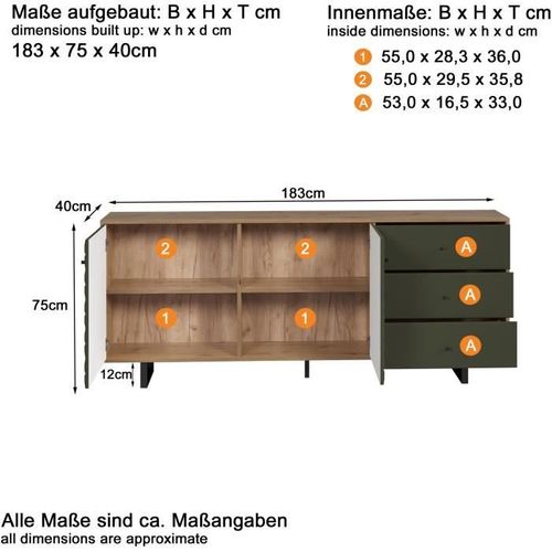 Buffet Bas - Sentra - Vert Foncé - 2 Portes, 3 Tiroirs - 124 X 40 X 136 Cm -