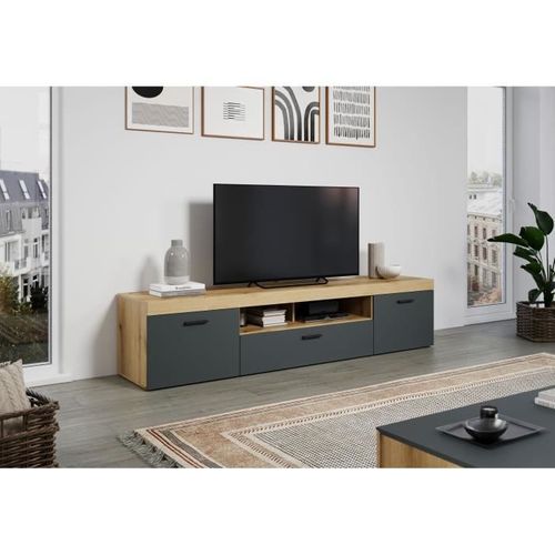 Meuble TV - Tyler - Urbain - En Panneaux De Particules - Gris Anthracite Mat / Chene Miel
