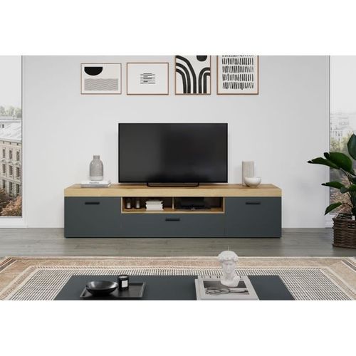 Meuble TV - Tyler - Urbain - En Panneaux De Particules - Gris Anthracite Mat / Chene Miel