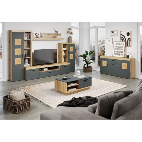 Meuble TV - Tyler - Urbain - En Panneaux De Particules - Gris Anthracite Mat / Chene Miel