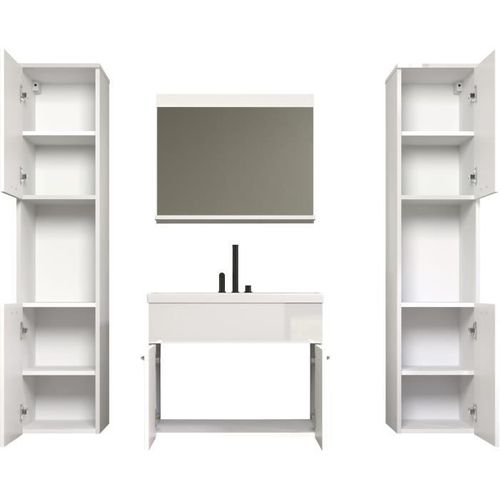 Salle De Bain Complète - Blanc Brillant - 2 Colonnes à Suspendre + Meuble Vasque + Miroir - Haven