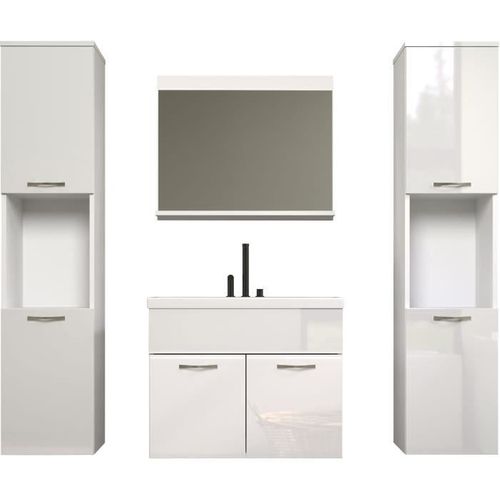 Salle De Bain Complète - Blanc Brillant - 2 Colonnes à Suspendre + Meuble Vasque + Miroir - Haven