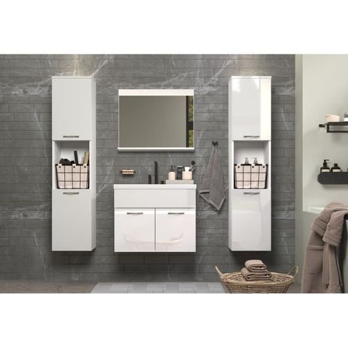 Salle De Bain Complète - Blanc Brillant - 2 Colonnes à Suspendre + Meuble Vasque + Miroir - Haven