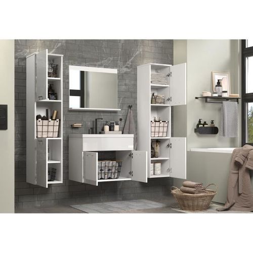 Salle De Bain Complète - Blanc Brillant - 2 Colonnes à Suspendre + Meuble Vasque + Miroir - Haven
